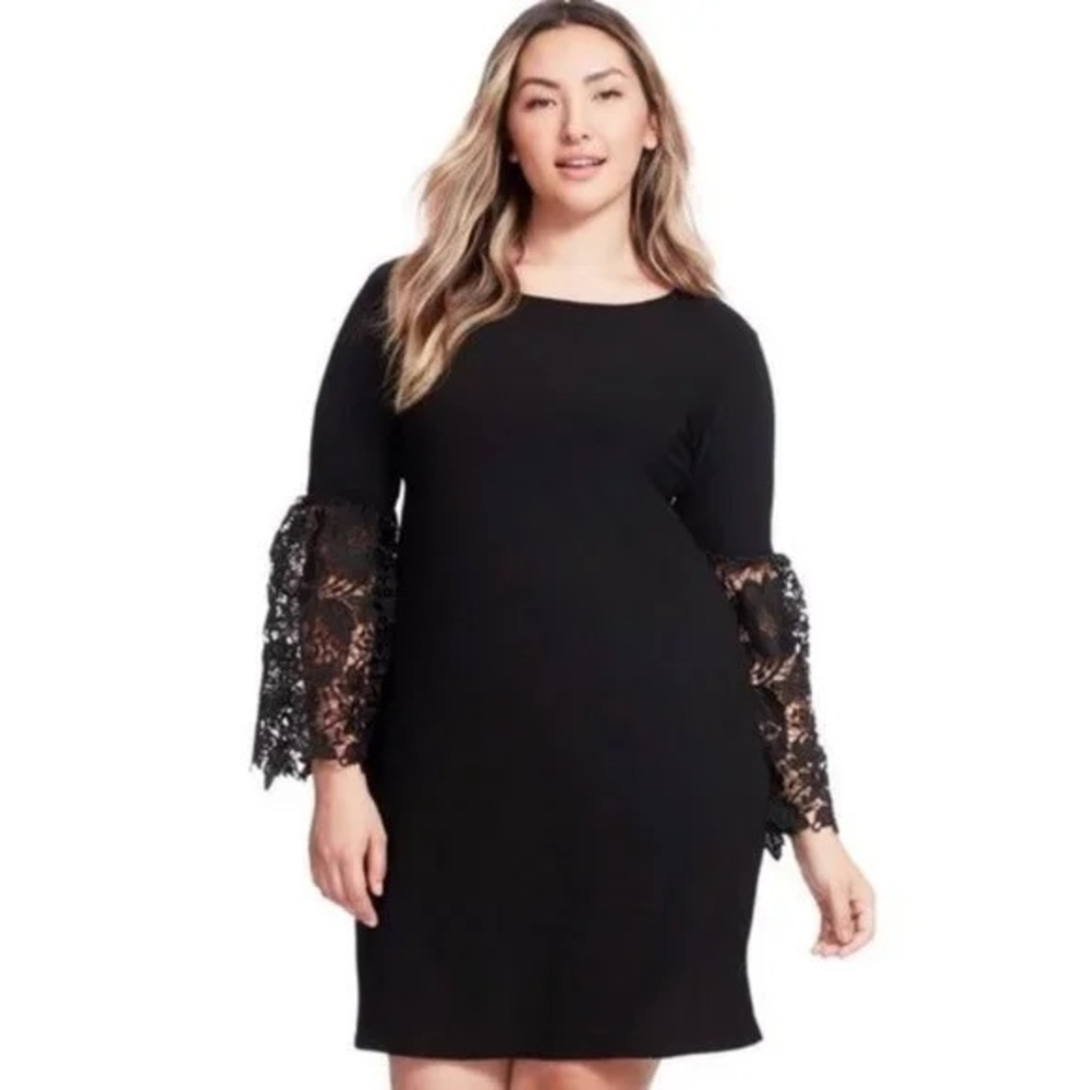 Alfani Bell Sleeves Lace Inset Black Shift Dress